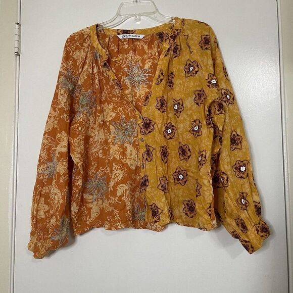 ZARA Boho floral vneck button down orange blouse top size Medium - Picture 1 of 7